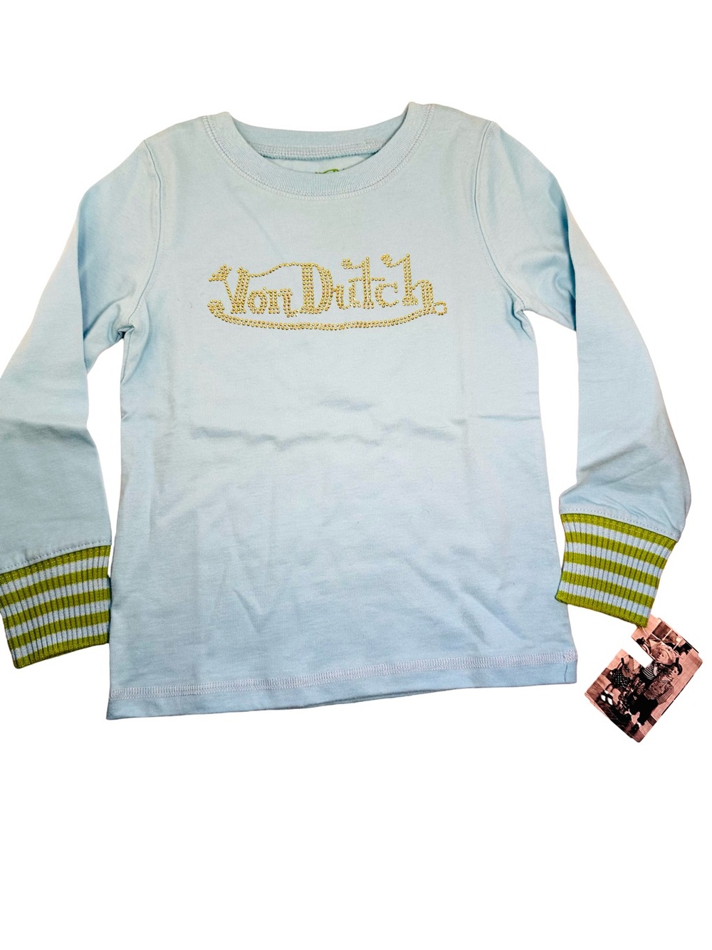 NWT Von Dutch Light Blue Long Sleeve Top with Green Stripe Cuffs Girls Size 4